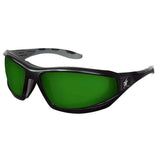 Introducing the MCR RP2 Reaper Black Safety Glasses by MCR Safety, a pair of sleek sunglasses featuring green-tinted lenses with UV protection and distinctive temple arms adorned with a small, stylish logo. Available in boxes of 12.