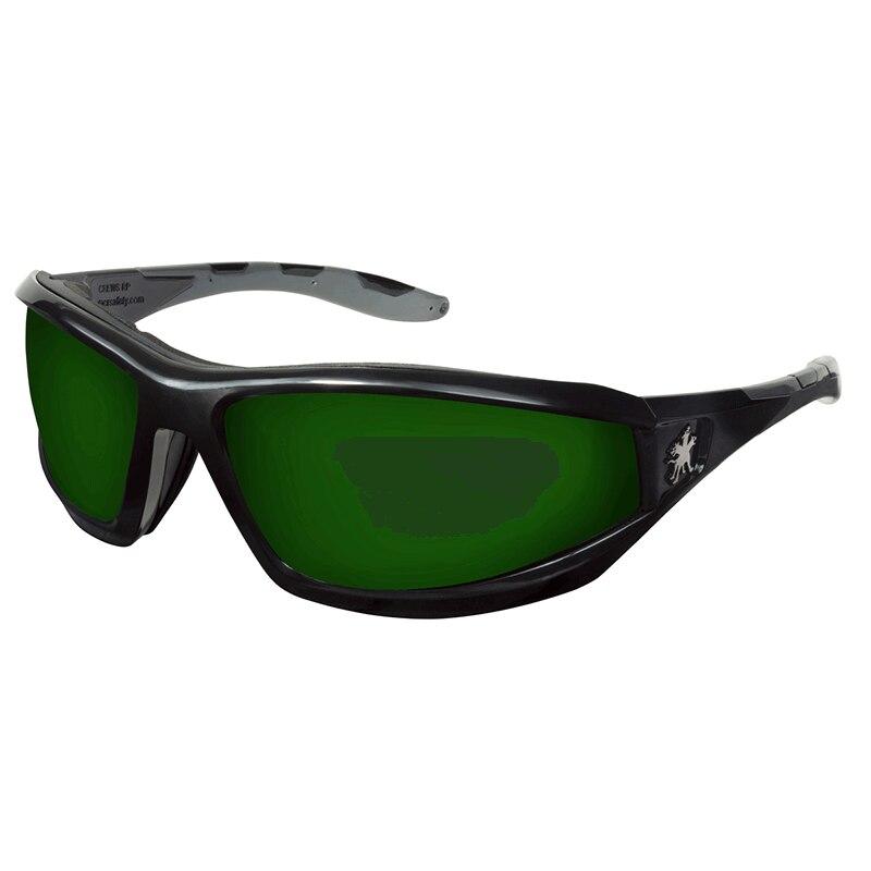 Introducing the MCR Safety RP2 Reaper Black Safety Glasses, designed with a sleek wraparound style and dark green lenses offering UV protection. These glasses feature a distinguishing small bird-in-flight logo near the temple on the frame. The slightly curved arms enhance their appeal, seamlessly combining style and safety.