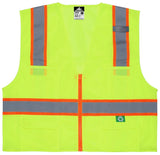 The MCR Luminator Hi Vis Reflective Safety Zipper Vest RSURVM by MCR Safety is a bright yellow safety vest featuring orange reflective stripes and gray bands, meeting ANSI/ISEA 107 Class 2 standards. Made from recycled material, it includes a front zipper, two front pockets, and a small recycling symbol on the bottom right.