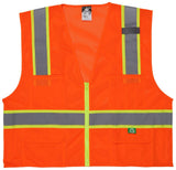 The MCR Luminator Hi Vis Reflective Safety Zipper Vest RSURVM by MCR Safety is a bright orange safety vest featuring gray and yellow reflective stripes. It includes a front zipper, multiple pockets, and is made from recycled material. Its mesh design meets ANSI/ISEA 107 Class 2 standards for visibility in work or construction environments.