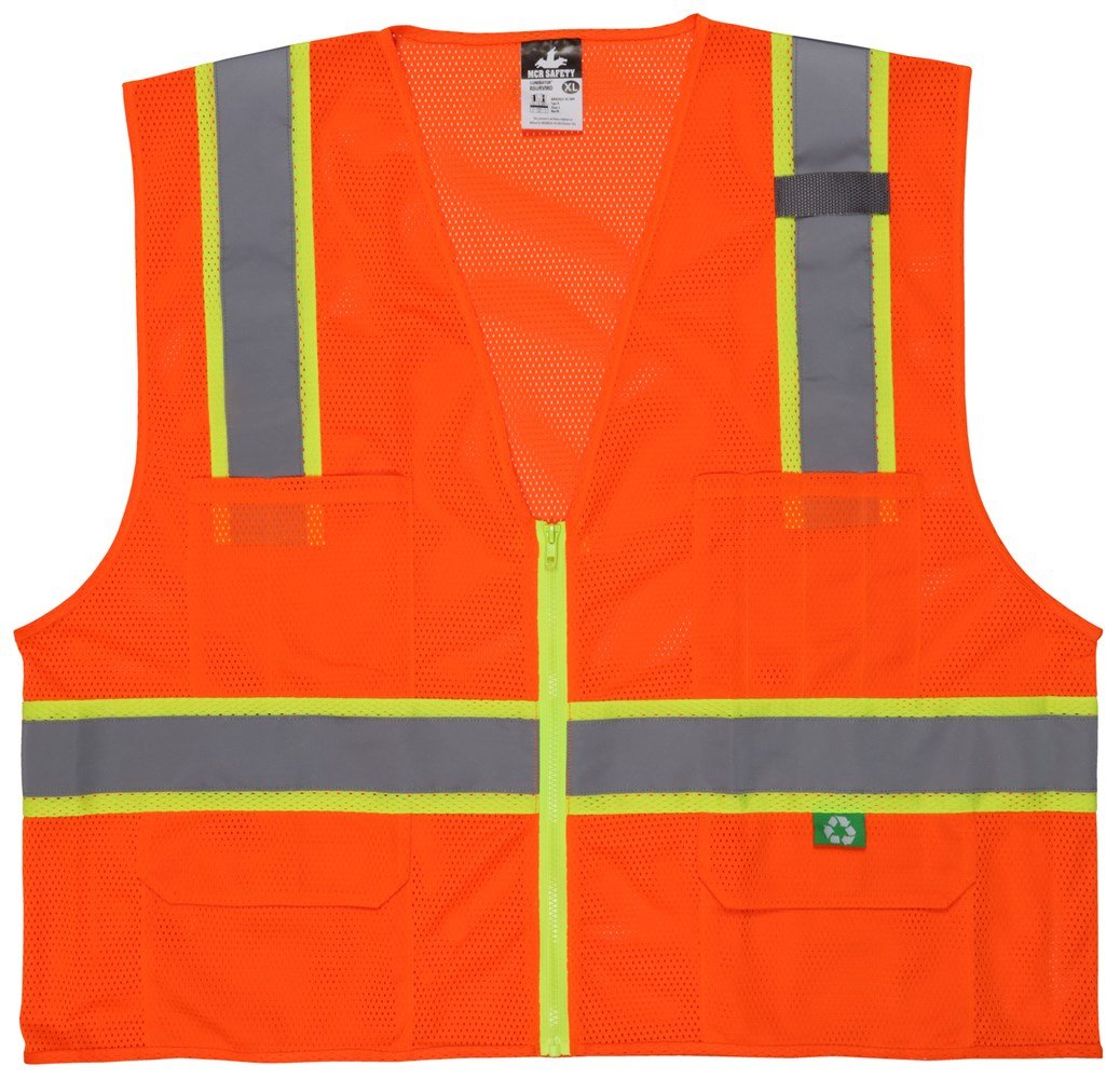 The MCR Luminator Hi Vis Reflective Safety Zipper Vest RSURVM from MCR Safety is an orange high-visibility vest crafted from recycled materials. It features reflective gray stripes, a central zipper, and two pockets. This vest meets ANSI/ISEA 107 Class 2 standards, ensuring visibility and safety in work environments.