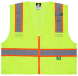 Introducing the MCR Safety Luminator Hi Vis Reflective Safety Zipper Vest RSURVM, a vibrant yellow vest designed with orange and gray reflective stripes. This ANSI/ISEA 107 Class 2 compliant vest includes multiple pockets and prominently displays a recycle symbol at the lower left, highlighting its use of recycled materials.