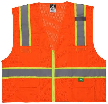 The MCR Safety MCR Luminator Hi Vis Reflective Safety Zipper Vest RSURVM is a vibrant orange vest featuring gray reflective stripes and a front zipper. It includes two spacious pockets at the bottom and an additional smaller pocket on the right chest. Made from recycled materials, this vest is ANSI/ISEA 107 Class 2 certified, ensuring excellent visibility for work or industrial environments.