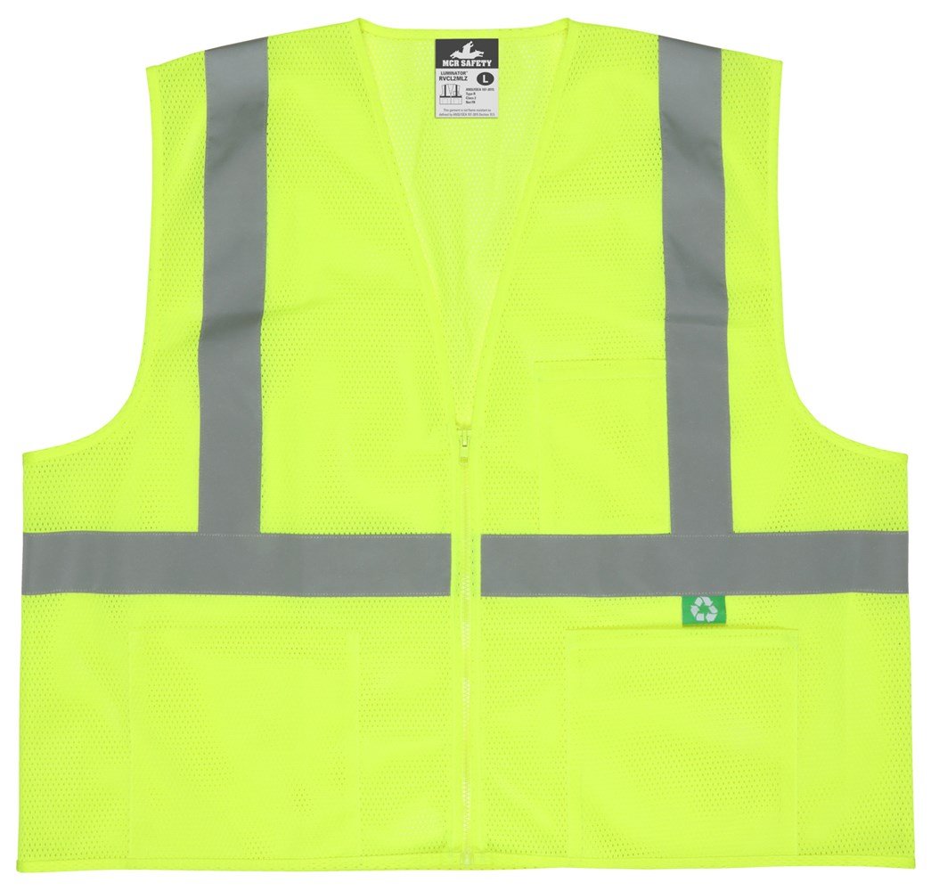 The MCR Safety Luminator Hi Vis Reflective Safety Vest RVCL2M_Z features a fluorescent yellow design with gray reflective stripes, a zipper closure, and two front pockets. This high visibility vest is adorned with a small green tag displaying a recycling symbol to emphasize its eco-friendly materials.