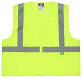 The MCR Safety Luminator Hi Vis Reflective Safety Vest RVCL2M_Z features a fluorescent yellow design with gray reflective stripes, a zipper closure, and two front pockets. This high visibility vest is adorned with a small green tag displaying a recycling symbol to emphasize its eco-friendly materials.