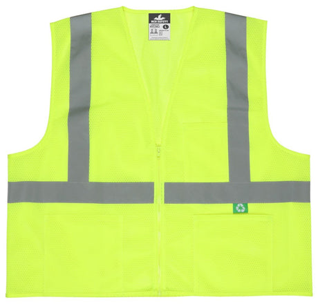 The MCR Safety Luminator Hi Vis Reflective Safety Vest RVCL2M_Z features a fluorescent yellow design with gray reflective stripes, a zipper closure, and two front pockets. This high visibility vest is adorned with a small green tag displaying a recycling symbol to emphasize its eco-friendly materials.