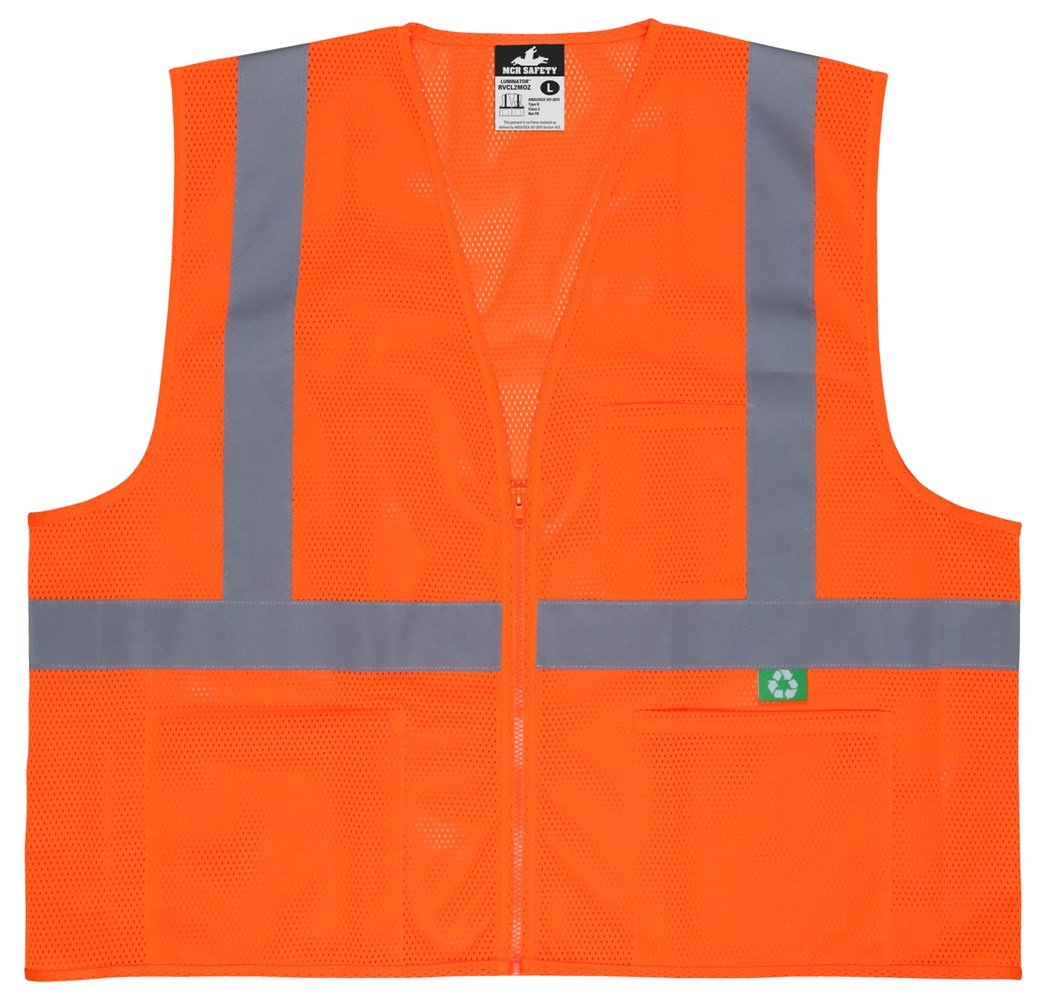 The MCR Safety Luminator Hi Vis Reflective Safety Vest RVCL2M_Z features a vibrant orange mesh fabric complemented by reflective gray stripes. It includes a front zipper and two convenient pockets, with an eco-friendly green recycling symbol enhancing the design on one of the pockets.