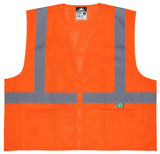 The MCR Safety Luminator Hi Vis Reflective Safety Vest RVCL2M_Z features a vibrant orange mesh fabric complemented by reflective gray stripes. It includes a front zipper and two convenient pockets, with an eco-friendly green recycling symbol enhancing the design on one of the pockets.