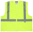 The MCR Safety Luminator Hi Vis Reflective Safety Vest RVCL2M_Z features a bright yellow design with reflective gray stripes positioned both horizontally and vertically. It includes a label at the top and a small green recycling symbol tag on one of the lower pockets.