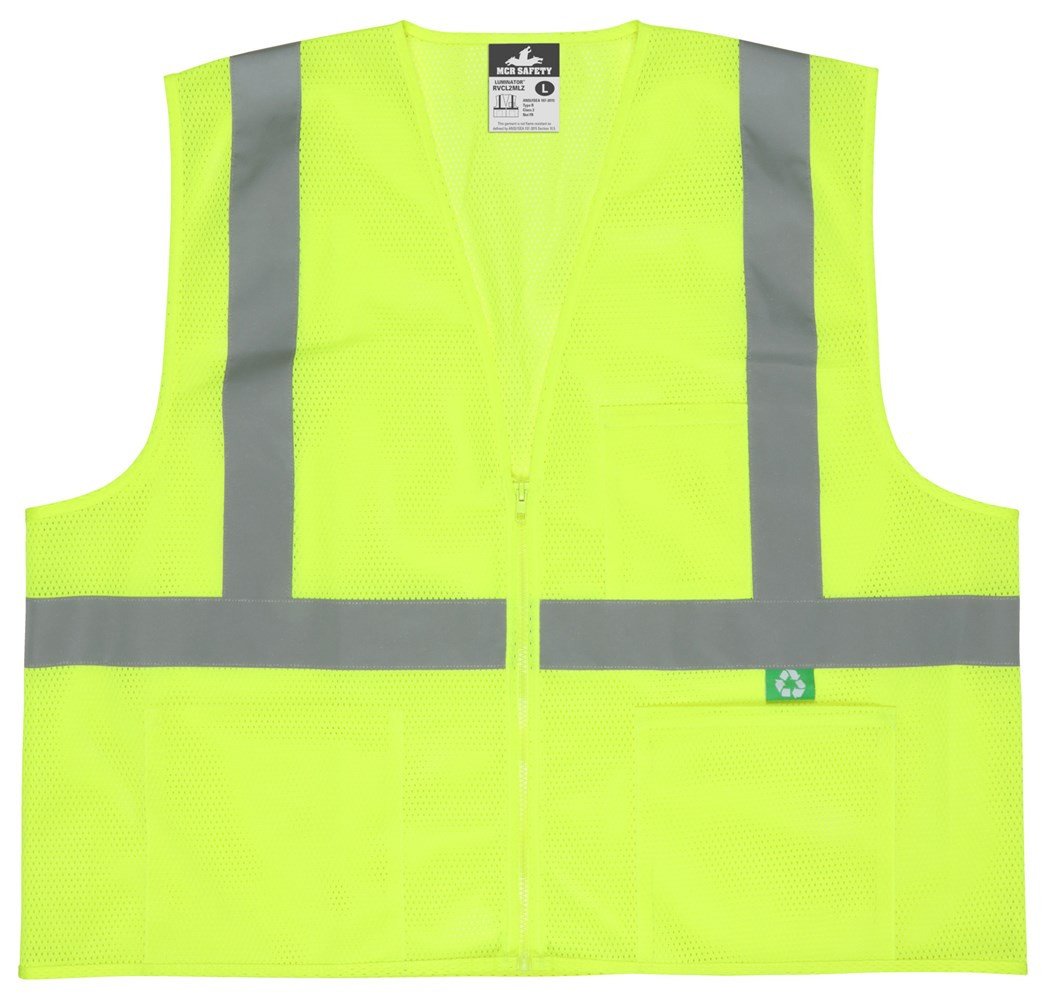 The MCR Safety Luminator Hi Vis Reflective Safety Vest RVCL2M_Z features a bright yellow design with reflective gray stripes positioned both horizontally and vertically. It includes a label at the top and a small green recycling symbol tag on one of the lower pockets.