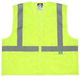 The MCR Safety Luminator Hi Vis Reflective Safety Vest RVCL2M_Z features a bright yellow design with reflective gray stripes positioned both horizontally and vertically. It includes a label at the top and a small green recycling symbol tag on one of the lower pockets.