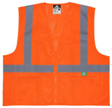 The MCR Luminator Hi Vis Reflective Safety Vest RVCL2M_Z by MCR Safety is a bright orange vest featuring reflective gray stripes and a zipper closure. It includes two front pockets and displays a small green recycling symbol on the lower right side.