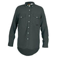 Gray long-sleeve button-up shirt with two chest pockets and white buttons, ideal for workwear. The MCR Safety FR Gear Max Comfort Work Shirt is expertly crafted by MCR Safety for safety without sacrificing style, displayed on a plain background.