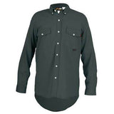 The MCR Safety FR Gear Max Comfort Work Shirt in gray, offered by MCR Safety, is a workwear essential that boasts long sleeves, two chest pockets, and white buttons. It has a tailored fit and classic collar, blending safety with style in a flame-resistant design.