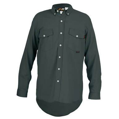 This MCR Safety FR Gear Max Comfort Work Shirt in dark green features a flame-resistant fabric and is designed with two front pockets secured by buttons. Part of MCR Safety's premium workwear line, this shirt showcases a classic collar and white buttons for a timeless look.