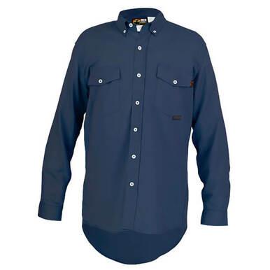 Introducing the MCR Safety 6.5 oz. FR Max Comfort Work Shirt Navy S1N: a long-sleeved, button-up workwear shirt in navy blue featuring white buttons, two chest pockets with button flaps, and a rounded hem, making it an excellent choice for those seeking both style and practicality.