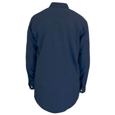 The rear perspective showcases the MCR Safety 6.5 oz. FR Max Comfort Work Shirt in a rich navy blue, featuring long sleeves with buttoned cuffs and a curved hem. Designed with a classic collar, this shirt epitomizes flame-resistant clothing. It looks brand new, set against a plain white background—an ideal choice for dependable workwear from MCR Safety.