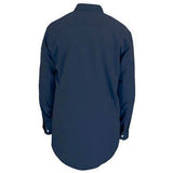 The rear perspective showcases the MCR Safety 6.5 oz. FR Max Comfort Work Shirt in a rich navy blue, featuring long sleeves with buttoned cuffs and a curved hem. Designed with a classic collar, this shirt epitomizes flame-resistant clothing. It looks brand new, set against a plain white background—an ideal choice for dependable workwear from MCR Safety.