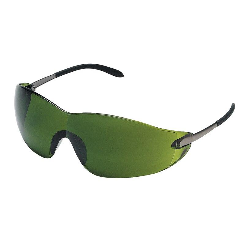 The MCR Safety BlackJack Welding Safety Glasses S211_0 (available in a pack of 12 pairs) feature green-tinted, wraparound lenses accompanied by black frames. Engineered for maximum eye protection, they incorporate filter cutting lens technology and robust metal alloy hybrid temples.