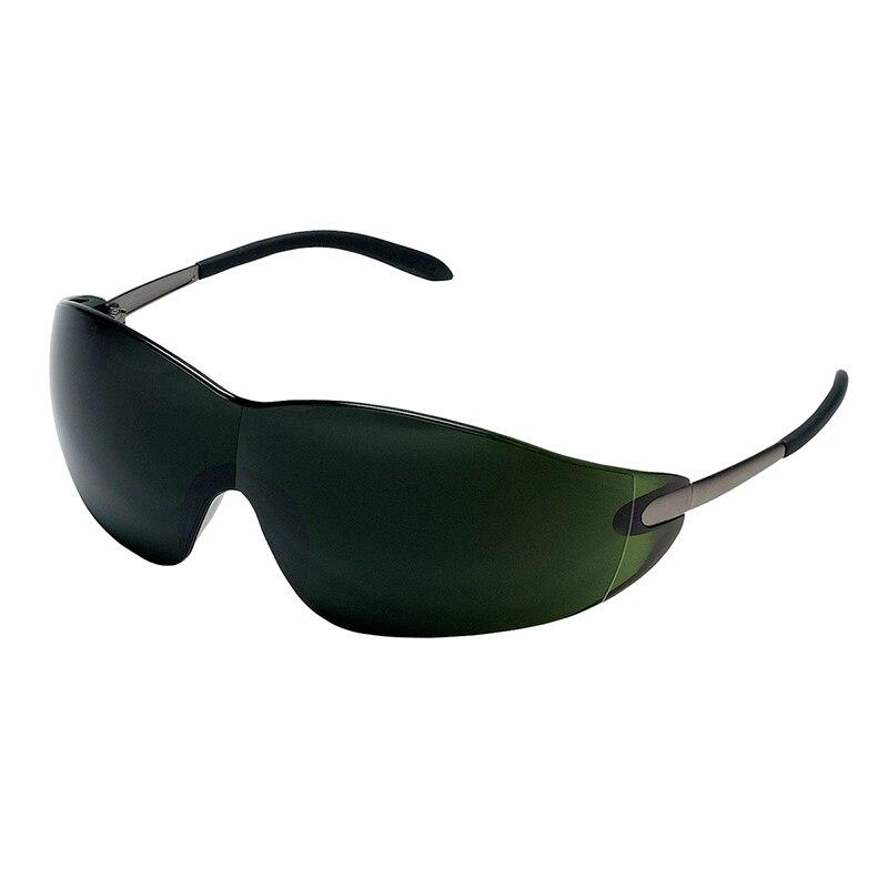 A pair of sleek, dark-tinted sunglasses featuring a wraparound design and thin, slightly curved metal alloy hybrid temples. The seamless frame accentuates a modern and sporty style reminiscent of the MCR Safety BlackJack Welding Safety Glasses S21.