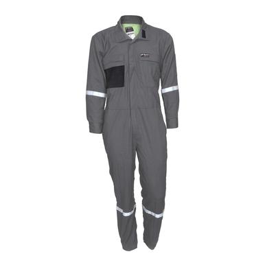 Introducing the MCR Safety Summit Breeze 5.5 oz FR Coverall SBC101, a gray full-body coverall designed with long sleeves and equipped with reflective bands on both the sleeves and legs. It features innovative Triple Vent Technology, zippered closures, a chest pocket accented by a black patch detail, and a standard collar. This expertly crafted suit is ideal for workwear or safety purposes.