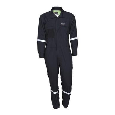 The MCR Safety Summit Breeze 5.5 oz FR Coverall SBC101 is a black coverall designed with long sleeves and reflective bands around the arms and legs. It features Flash Fire Protection, a front zipper, and convenient chest pockets for enhanced safety.