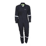 The MCR Safety Summit Breeze 5.5 oz FR Coverall SBC101 is a black coverall designed with long sleeves and reflective bands around the arms and legs. It features Flash Fire Protection, a front zipper, and convenient chest pockets for enhanced safety.