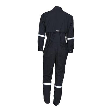 A black MCR Safety Summit Breeze 5.5 oz FR Coverall SBC101_, designed with reflective bands around the arms and legs, is displayed from the back. This garment includes a collar, long sleeves, and Triple Vent Technology, offering enhanced safety, visibility, and flash fire protection for demanding work environments.