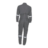 Back view of the MCR Summit Breeze 5.5 oz FR Coverall SBC101_ by MCR Safety in dark gray, featuring long sleeves and reflective stripes on the cuffs, waist, and lower legs, designed for protective wear with flash fire protection.