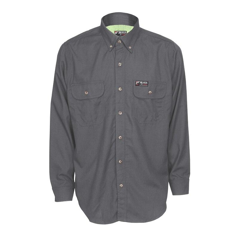 The MCR Safety Summit Breeze 5.5 oz FR Shirt SBS100_ in dark gray features a long-sleeve design with two button-flap chest pockets and offers heat stress protection. A small logo patch adorns the area above one pocket, while buttons accentuate the collar. The textured fabric enhances both style and function.