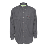 The MCR Safety Summit Breeze 5.5 oz FR Shirt SBS100_ is a gray, long-sleeve, button-up shirt that includes two chest pockets with button flaps. It features a subtle textured pattern and incorporates triple vent technology above the left pocket for enhanced heat stress protection.