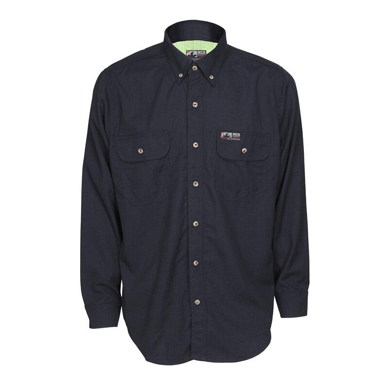 The MCR Safety Summit Breeze 5.5 oz FR Shirt SBS100_ is a dark green, long-sleeve button-up shirt featuring two front pockets, each secured with a button. It includes a small logo patch above the left pocket and has buttoned cuffs, along with triple vent technology to enhance heat stress protection.