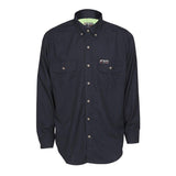 Product Description: The MCR Summit Breeze 5.5 oz FR Shirt SBS100 from MCR Safety is a long-sleeve, dark-colored shirt featuring two chest pockets and a small logo patch on the left pocket. It includes buttoned cuffs and is enhanced with triple vent technology to provide optimal heat stress protection.