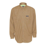 The MCR Safety Summit Breeze 5.5 oz FR Shirt SBS100_ is a long-sleeve, button-down khaki shirt featuring two chest pockets and a small logo patch on the upper left pocket, designed to provide heat stress protection for added comfort.