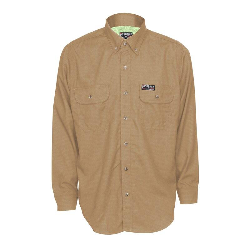 MCR Safety's MCR Summit Breeze 5.5 oz FR Shirt (model SBS100_) is a tan long-sleeve button-up, equipped with two chest pockets that each have a securing button. It features triple vent technology for improved breathability and includes a collar and buttoned cuffs. There is also a small logo patch on the left chest pocket.