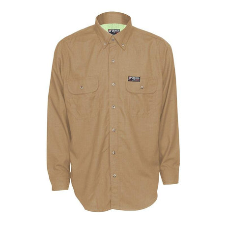 The MCR Safety Summit Breeze 5.5 oz FR Shirt SBS100_ is a tan, long-sleeve button-up designed with dual chest pockets and button flaps. It features triple vent technology to protect against heat stress, and a small brand patch can be seen on the left pocket. The shirt is displayed flat against a plain white background.