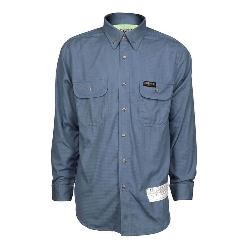 The MCR Safety Summit Breeze 5.5 oz FR Shirt SBS100_ is a blue, button-up, long-sleeve shirt featuring two chest pockets with a small label on the left pocket. It includes a classic collar, buttoned cuffs, and triple vent technology for improved heat stress protection.