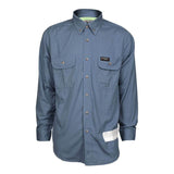 The MCR Safety Summit Breeze 5.5 oz FR Shirt SBS100 is a long-sleeve, button-up blue shirt boasting two chest pockets and brown buttons. It features triple vent technology to protect against heat stress and includes a small black and brown patch on the left chest pocket along with a white label near the bottom hem.