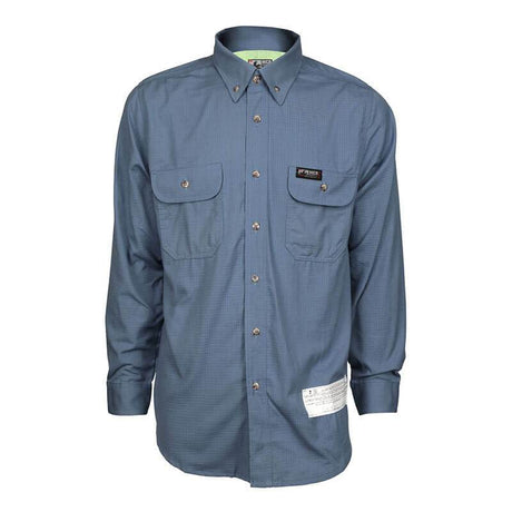 The MCR Safety Summit Breeze 5.5 oz FR Shirt SBS100 is a long-sleeve blue button-up featuring a small checkered pattern, designed to minimize heat stress. It has two chest pockets with buttoned flaps, a patch on the right pocket, and includes a safety label near the bottom.