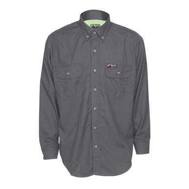 The MCR Safety Summit Breeze 5.5 oz FR Shirt SBS100 features a dark gray design with long sleeves and buttoned chest pockets. It includes a small tag on the chest and a light green lining inside the collar, while integrating triple vent technology for enhanced protection against heat stress.