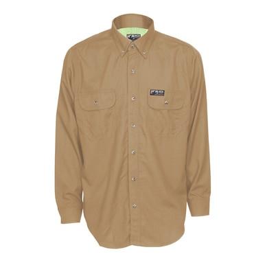 The MCR Safety Summit Breeze 5.5 oz FR Shirt SBS100 in tan features two front pockets with buttoned flaps and a logo patch sewn on the left pocket. Designed with triple vent technology for heat stress protection, it is showcased against a plain white background.