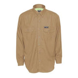 The MCR Safety Summit Breeze 5.5 oz FR Shirt SBS100 in tan features two front pockets with buttoned flaps and a logo patch sewn on the left pocket. Designed with triple vent technology for heat stress protection, it is showcased against a plain white background.