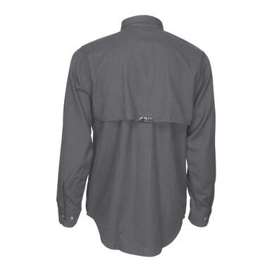 The MCR Safety Summit Breeze 5.5 oz FR Shirt SBS100_ is displayed from the back, showcasing its dark gray long sleeves. The shirt includes a flap with a small logo tag centered on the upper back, utilizing triple vent technology to improve heat stress protection. The cuffs are buttoned for a secure fit.