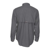 The MCR Safety Summit Breeze 5.5 oz FR Shirt SBS100_ is displayed from the back, showcasing its dark gray long sleeves. The shirt includes a flap with a small logo tag centered on the upper back, utilizing triple vent technology to improve heat stress protection. The cuffs are buttoned for a secure fit.