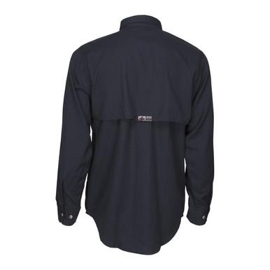 The MCR Safety Summit Breeze 5.5 oz FR Shirt SBS100, in black, is displayed from the back and showcases a button-down style with a small tag positioned just below the yoke. Featuring a classic collar and buttoned cuffs, this long-sleeved shirt includes triple vent technology to improve heat stress protection.