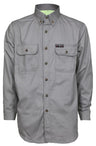 The MCR Safety Summit Breeze 7 oz FR Shirt comes in gray with long sleeves and two chest pockets featuring brown buttons. It includes a small logo on the left chest pocket, offering both style and electric arc protection for your peace of mind.