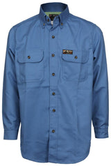 Introducing the MCR Safety MCR Summit Breeze 7 oz FR Shirt SBS200_, a blue long-sleeve button-up featuring two front pockets with button closures. A small logo patch adorns the area above the left pocket, and it includes Triple Vent Technology for added comfort. This shirt is made from sturdy fabric, making it an excellent choice for both casual and work environments.