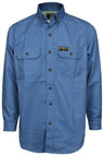 Experience safety and style with the MCR Safety Summit Breeze 7 oz FR Shirt. This blue button-up shirt is designed for protection against electric arcs and features two chest pockets complete with buttoned flaps and a small logo patch on the left pocket. It also includes a collar and long sleeves with buttoned cuffs for added flair.