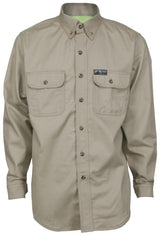 The MCR Safety Summit Breeze 7 oz FR Shirt SBS200_ is a beige long-sleeve button-up shirt featuring two chest pockets and a small patch above the left pocket. Designed with a buttoned-down collar, it provides both safety and style in its classic fit.