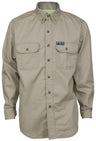 The MCR Safety MCR Summit Breeze 7 oz FR Shirt, a beige long-sleeve work shirt with a button-down collar and two chest pockets featuring button closures, offers both style and essential flame-resistant clothing protection. It includes a black and red label on the left pocket, all set against a plain background.